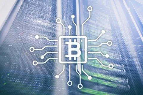 Bitcoin, Blockchain concept on server room background. Illustrazione stock