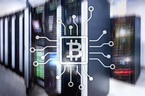 Bitcoin, Blockchain concept on server room background. Stock Photos