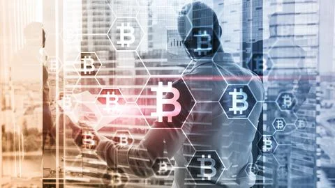 Bitcoin, Blockchain concept on server room background. Stock Photos
