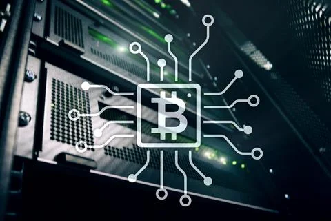 Bitcoin, Blockchain concept on server room background. Stock Photos