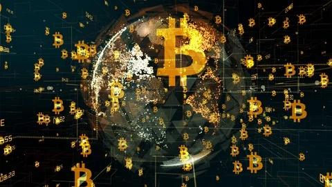Bitcoin blockchain crypto currency digital encryption network for world money Stock Footage 105985028
