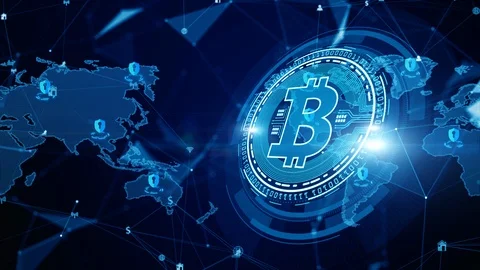 Bitcoin blockchain crypto currency digital encryption, Digital money exchange Video stock 124586305