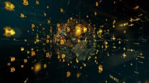 Bitcoin blockchain crypto currency digital encryption network for world money Stockillustratie