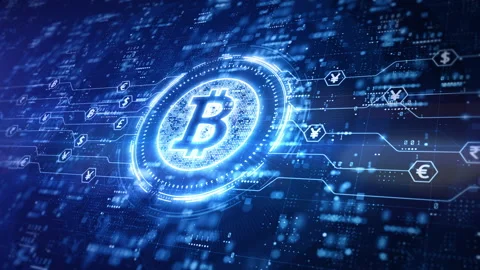 Bitcoin blockchain cryptocurrency digital encryption, Digital money exchange, Stock Footage 146052045