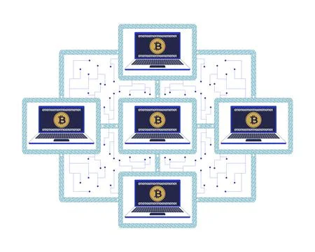 Bitcoin blockchain network of connected computers 2D illustration concept Stock Illustration