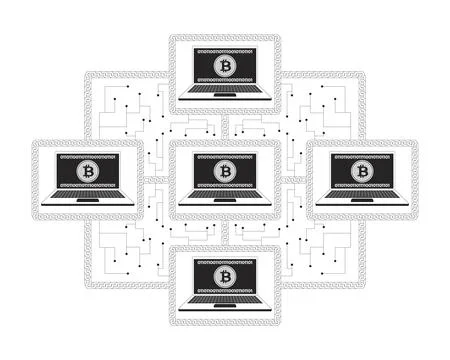 Bitcoin blockchain network of connected computers line illustration concept Stock Illustration