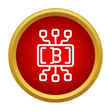 Bitcoin blockchain network icon on a red circle with gold border Stock Illustration
