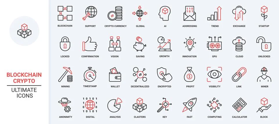 Bitcoin, blockchain red black thin line icons set, crypto money in wallet and Illustrazione stock