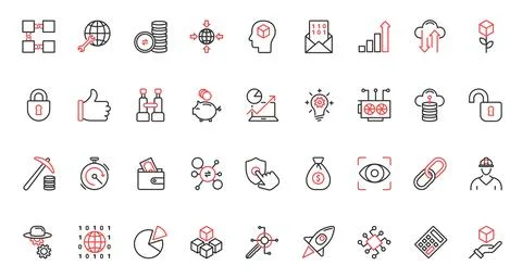 Bitcoin, blockchain red black thin line icons set, crypto money in wallet and Illustrazione stock