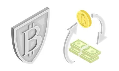 Bitcoin Blockchain Technology with Exchange and Transaction System and Shield Stock Illustration