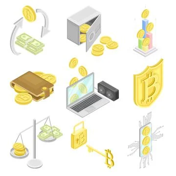 Bitcoin Blockchain Technology with Hardware and Transactions Isometric Vector Illustrazione stock