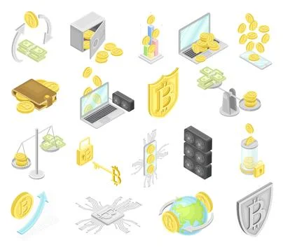 Bitcoin Blockchain Technology with Hardware and Transactions Isometric Big 스톡 일러스트