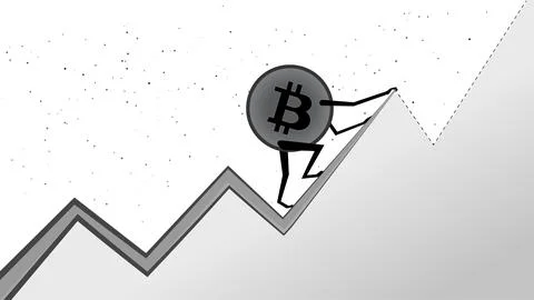 Bitcoin BTC is climbing to the next peak on white. Cryptocurrency has ATH Stock Illustration
