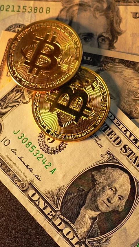 Bitcoin BTC coin with 100 dollars bills. Investments for the investor Stock Footage 327728301
