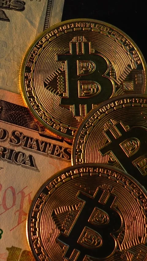 Bitcoin BTC coin with 100 dollars bills. Investments for the investor Stock Footage 327728313