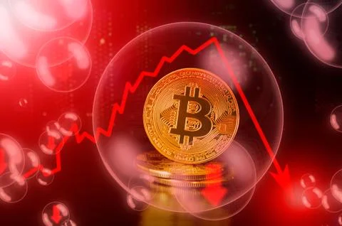 Bitcoin BTC coin in a soap bubble. Risks and dangers of investing to Bitcoin Stock Illustration