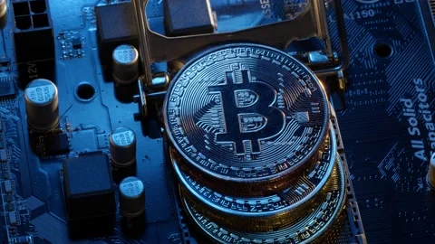 Bitcoin BTC coins in CPU central processor socket on digital pc motherboard Stock Footage 149113423