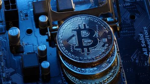 Bitcoin BTC coins in CPU central processor socket on digital pc motherboard Foto stock