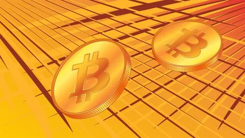 Bitcoin BTC coins on grid of lines on bright yellow background. 스톡 일러스트