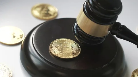 Bitcoin BTC Crypto Currency and Judge Gavel And Sound Block Closeup Stock Footage 80030112