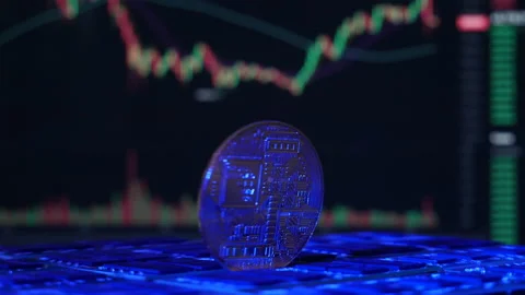 A Bitcoin BTC crypto currency coin rotating on a mining rig of computer Stock Footage 160949348