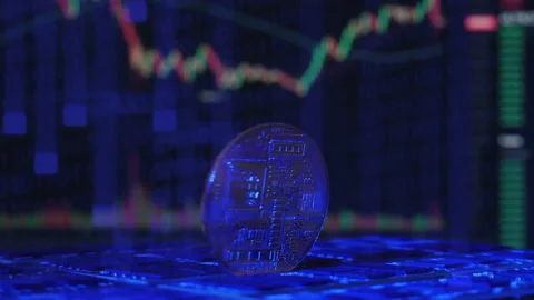 A Bitcoin BTC crypto currency coin rotating on a mining rig of computer Stock Footage 160949624