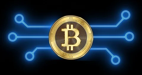 Bitcoin (BTC) cryptocurrency coin with glowing blockchain transaction schematic Stock Footage 102265347