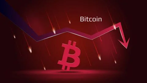 Bitcoin BTC in downtrend and price falling down on dark red background. Stock Illustration