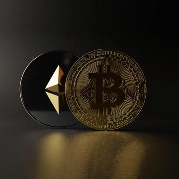 Bitcoin BTC Ethereum ETH Cryptocurrency 3D Render Gold Silver Stock Illustration