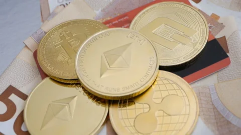 Bitcoin BTC, Ethereum ETH, DASH, coins rotating, payment system, credit card Stock Footage 97309494