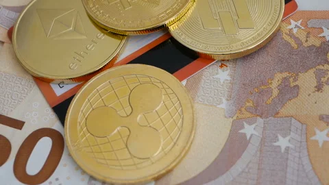 Bitcoin BTC, Ethereum ETH, DASH, XRP coins rotating, payment system, credit card Stock Footage 97309585