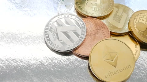 Bitcoin BTC, Ethereum ETH, Ripple XRP, Litecoin coins rotating, payment system Stock Footage 97308795