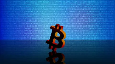 Bitcoin BTC token symbol on mirror floor on blue digital background with copy Stock Illustration