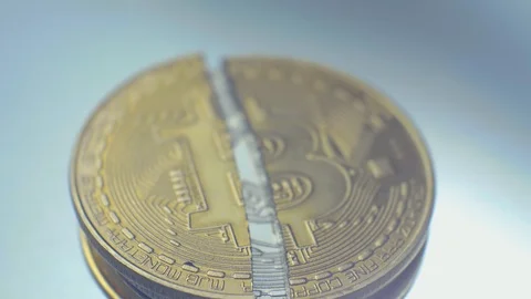 Bitcoin bubble burst / Bitcoin crash /Bitcoin game over / Broken bitcoin Stockbeeldmateriaal 86413080
