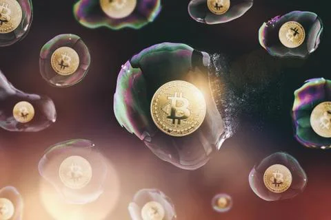 Bitcoin bubble burst - digital cryptocurrency concept image Fotos de archivo