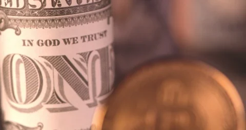 Bitcoin with burning cash on the background Stock Footage 114642450