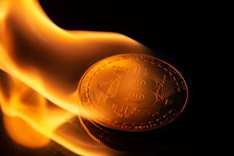 Bitcoin burning in fire on black background Foto stock