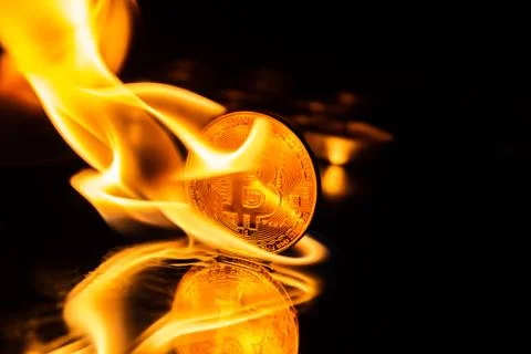 Bitcoin burning in fire on black background Stock Photos