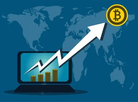 Bitcoin Business,Arrow up from the computer screen on background map world.ve Stock Illustration