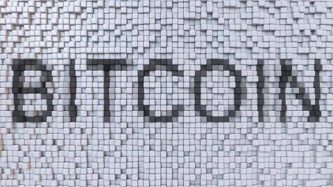 BITCOIN caption on fluctuating pixels background, 3D rendering 스톡 일러스트