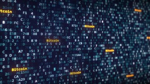 Bitcoin captions appearing among changing hexadecimal symbols on a computer 스톡 일러스트