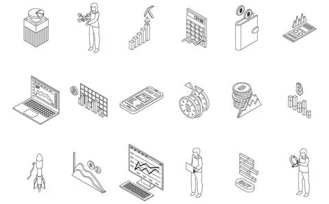 Bitcoin chart icons set vector outline Stock Illustration