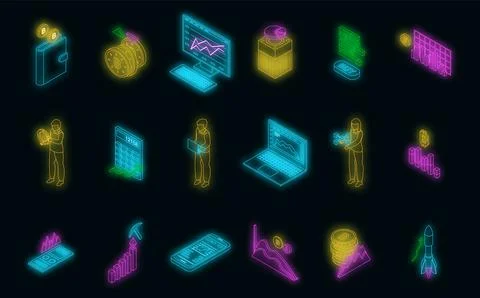 Bitcoin chart icons set vector neon 스톡 일러스트