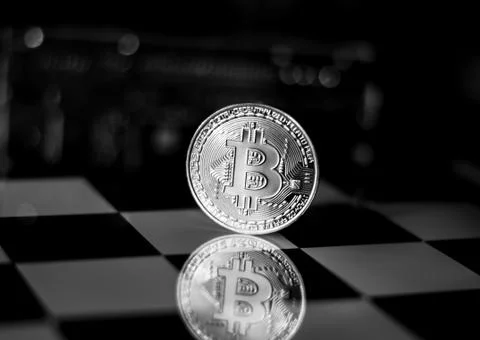Bitcoin on a chessboard black and white color Stock Photos