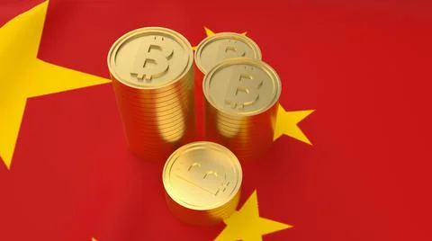 Bitcoin on Chinese flag for technology or business concept 3d rendering. Ilustração Stock