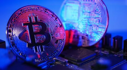Bitcoin on circuit board. Cryptocurrency bit-coins and computer mainboard. Stock Photos