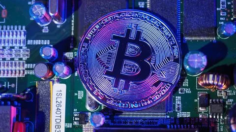 Bitcoin on circuit board. Cryptocurrency bit-coins and computer mainboard. Stock Photos
