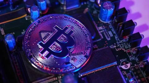 Bitcoin on circuit board. Cryptocurrency bit-coins and computer mainboard. Stock Photos