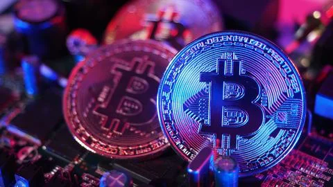 Bitcoin on circuit board. Cryptocurrency bit-coins and computer mainboard. Stock-Fotos