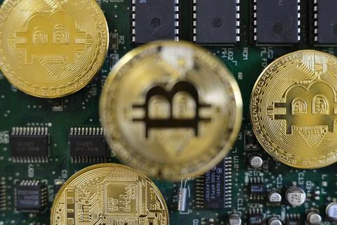 Bitcoin circuit board. Stock Photos